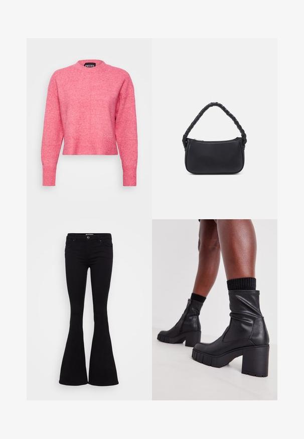 Rosa cropped sweater med rund hals, lange ærmer, ribbede manchetter og kant. Afslutningen har en let tekstureret finish. Mærket er synligt.; Sorte flared jeans med en glat stof, medium taljehøjde, forlommer og en knaplukning. Nederdelen flarer ud i bunden.; Sorte læder ankelstøvler med et slouchy design, tykkelhøj hæl og tekstureret gummisål. Har en lynlås lukning på siden.; Sort håndtaske med en rund form, lavet af glat materiale. Har et flet håndtag og en lynlåslukning for sikker opbevaring.
