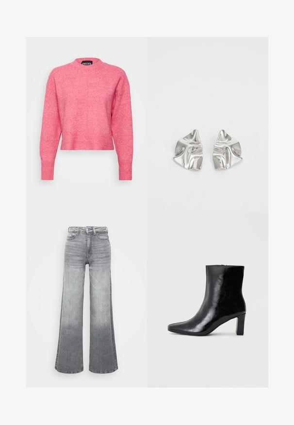 Rosa, kurz geschnittenes Sweatshirt mit Rundhalsausschnitt, langen Ärmeln, gerippten Bündchen und Saum, präsentiert eine leicht strukturierte Oberfläche. Markenlabel sichtbar.; Graue Denim-Jeans mit weitem Bein und einem Licht-zu-Dunkel-Gradienten, ausgestattet mit hoher Taille, fünf Taschen und einem klassischen Knopfverschluss.; Schwarze Knöchelstiefel aus glänzendem Leder mit spitzem Zustand und mittelhohem Blockabsatz, mit glatter Textur und einfachem Design.; Silberne Metallohrringe mit einem wellenförmigen, skulpturalen Design, das eine polierte Oberfläche und unregelmäßige Formen aufweist, die eine zeitgenössische Ästhetik betonen.
