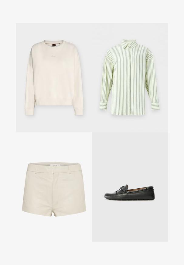 Off-white crewneck sweatshirt med lange ærmer, ribkantede ærmer og kant samt lille broderet logo midt på brystet.; Langærmet cremefarvet skjorte med tynde lodrette blå striber, knappelukning foran og spids krave, vist på hvid baggrund.; Beige lædershorts med en glat tekstur, der har en tætsiddende talje, bæltestropper og diskret syninger foran. Enkel, moderne design.; Sorte læder bådsko med afrundet tå, stikninger, lille sløjfedetalje og gummisål. Glat tekstur og strømlinet design.