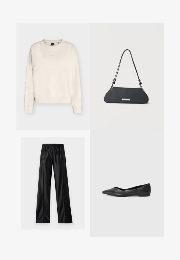 Off-white Sweatshirt mit Rundhalsausschnitt, langen Ärmeln, gerippten Bündchen und Saum und kleinem, besticktem Logo in der Mitte der Brust.; Schwarze weite Kunstlederhose mit elastischem Bund und Reißverschlusstaschen an den Seiten, auf weißem Hintergrund dargestellt.; Schwarze Leder-Ballerinas mit spitzem Zehenbereich, niedrigem Absatz und glatter Textur. Minimalistisches Design mit einem dezenten seitlichen Akzent.; Schwarze Leder-Umhängetasche mit verlängerter trapezförmiger Form, verstellbarem Riemen und silberner rechteckiger Markenplakette vorne.
