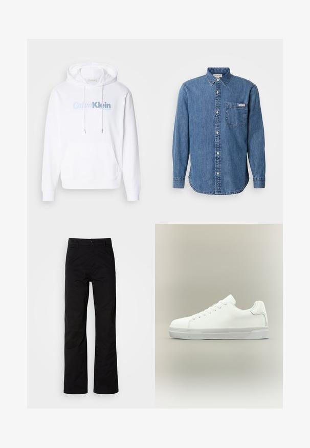 Witte hoodie gemaakt van zachte stof met een voorzak, trekkoord en een lichtblauwe "Calvin Klein New York" logo.; Denim overhemd in medium blauw met een button-down kraag, lange mouwen, een borstzak en witte knopen. Heeft een licht afgeronde zoom.; Zwarte katoenen broek met een recht design, voorzien van een knoopsluiting en riemlussen. Gladde textuur en minimalistische stijl zonder zichtbare patronen.; Witte lage sneaker met veters aan de voorkant, gevoerde kraag en gerubberde zool met textuur, zijaanzicht op een neutrale achtergrond.
