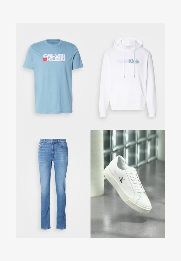 Sudadera blanca con capucha, hecha de tela suave, que presenta un bolsillo frontal, cordón y un logo en azul claro que dice "Calvin Klein New York".; Camiseta de algodón de color azul claro con un destacado logotipo gráfico en blanco y rojo, con un cuello redondo clásico y mangas cortas.; Vaqueros de mezclilla azul para hombre con corte recto, bolsillos delanteros y traseros, y una pequeña etiqueta de Calvin Klein cerca del bolsillo delantero derecho.; Zapatilla blanca Calvin Klein con cordones, mostrada flotando sobre un suelo de cemento pulido y un fondo de pared de bloques de vidrio.