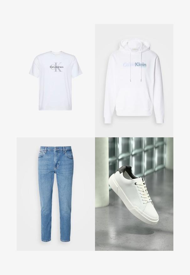 Sudadera blanca con capucha, hecha de tela suave, que presenta un bolsillo frontal, cordón y un logo en azul claro que dice "Calvin Klein New York".; Camiseta blanca de manga corta con un logo gris "ck" y texto "Calvin Klein" impreso en negro en el centro delantero.; Vaqueros de mezclilla azul claro con corte recto, diseño de cinco bolsillos y un sutil desgastado. Presentan un cierre de botón y pasadores para cinturón.; Zapatilla blanca de perfil bajo con lengüeta del talón texturizada en negro, cordones blancos y suela gruesa sobre un suelo de cemento pulido cerca de bloques de vidrio.