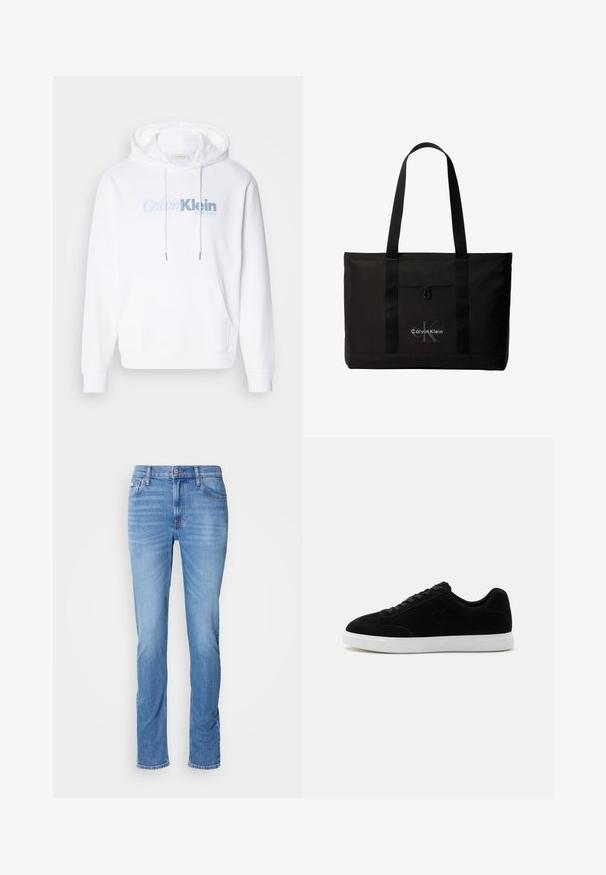 Weißer Kapuzenpullover aus weichem Stoff mit einer Fronttasche, Kordelzug und einem hellblauen "Calvin Klein New York"-Logo.; Herrenblaue Denim-Jeans mit geradem Schnitt, Vorder- und Gesäßtaschen und einem kleinen Calvin Klein-Label nahe der vorderen rechten Tasche.; Schwarzer Sneaker mit niedrigem Schaft und Schnürung vorne, dezentes "ck" Logo an der Seite und dicker weißer Gummisohle auf schlichtem hellem Hintergrund.; Schwarze Calvin Klein Tote-Tasche mit zwei langen Griffen und Fronttasche, mit dem Markenlogo in Weiß und Grau.