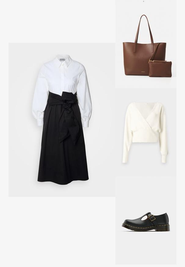 Hvid cropped sweater med dyb V-udskæring, lange ærmer og ribbet kant. Blød tekstur, let strikket stof, minimalistisk design.; Hvid skjorte med lange pufærmer, parret med en sort nederdel og et stoffsnor bundet om taljen, lavet af glat bomuldsstof.; Sort lædersko med rund tå, ankelrem og spænde, lav hæl og gul syning langs sålen. Glat tekstur overalt.; Brun faux læder tote taske med to lange håndtag og en matchende lille pung. Overfladen har et struktureret mønster og guldfarvede hardware detaljer.