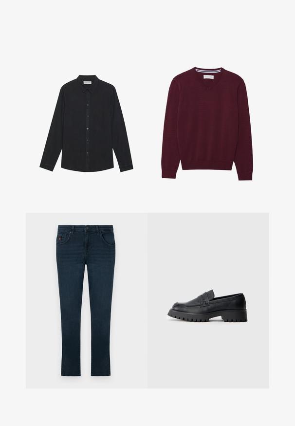 Pull en tricot bordeaux à col en V, doté de manches longues et de bordures côtelées aux poignets et à l'ourlet. Présente une bande contrastante sous le col.; Chemise noire à manches longues en tissu doux, avec un devant à boutons, un col et un ourlet droit avec une texture subtile.; Jeans slim bleu foncé avec fermeture à bouton et zip à l'avant, cinq poches et détails de couture subtils.; Mocassins en cuir noir avec un bout arrondi, présentant une sangle décorative et une semelle en caoutchouc épaisse avec de profonds crampons pour une meilleure adhérence.