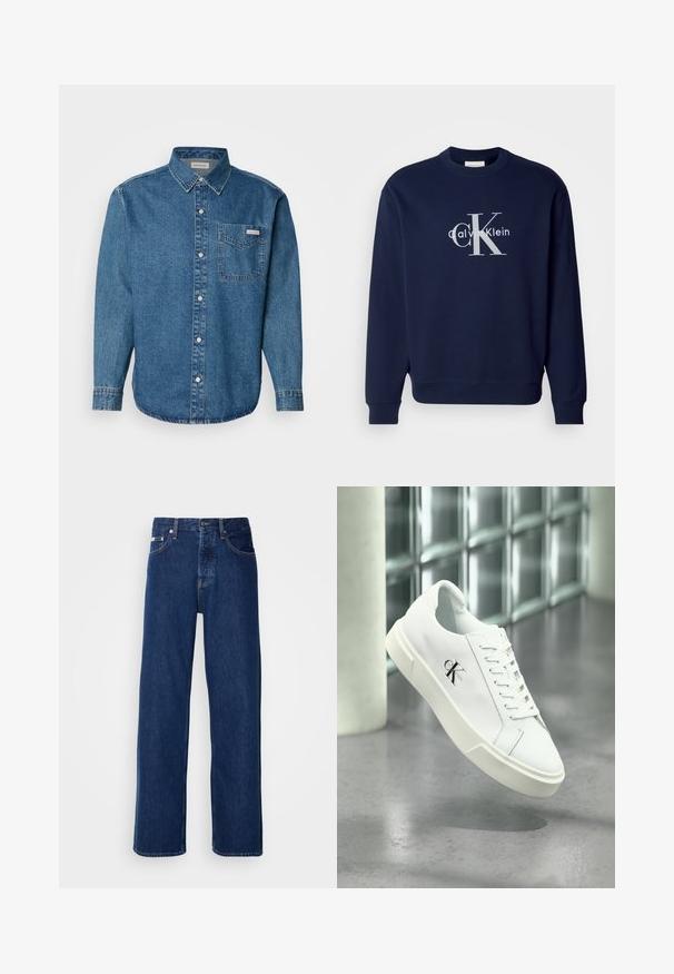 Marineblå bomulds-sweatshirt med rund hals, lange ærmer og ribbet manchetter; har et stort sølv logo med "Calvin Klein" og "CK."; Blå denim langærmet skjorte med button-down krave, brystlomme og kontraststing. Stofstrukturen er glat med en afslappet stil.; Mørkeblå denimjeans med et bredt ben-design, der har en knaplukning og klassisk fem-lomme styling. Stoffet har en glat tekstur.; Hvid Calvin Klein sneaker med snørebånd, vist svævende over en poleret betongulv og en baggrund af glasblokke.