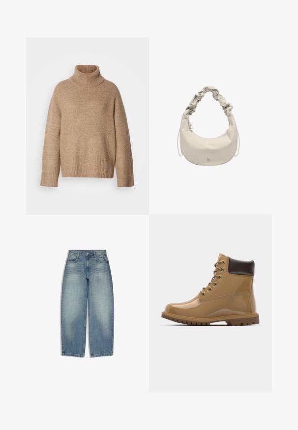Beige rullekravesweater lavet af blødt strikstof. Har ribbet halsudskæring og manchetter, med en afslappet pasform og sænkede skuldersømme.; Lyseblå denimjeans med høj talje, vide ben, forlommer og knap- og lynlåslukning, lagt fladt ud på en hvid baggrund.; Tan laklæder ankelstøvler med brune accenter, rund tå, seks metaløjer, brune snørebånd og struktureret gummisål.; Beige håndtaske i halvmåneform med rynket skulderrem, lynlåslukning og diskret brandlogo på fronten.