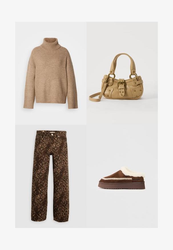 Beige rullekravesweater lavet af blødt strikstof. Har ribbet halsudskæring og manchetter, med en afslappet pasform og sænkede skuldersømme.; Bordeaux og tan leopardprint brede benjeans. Fremstillet af denim, med et klassisk fem-lomme design og metalhardwaredetaljer.; Brune slip-on sko med blød, hvid faux fur-foring, teksturerede overdeler og en ridslet brun ydersål. Wrangler-logo nær hælen.; Beige læderhåndtaske med dobbelte håndtag, messing spænde og nitte detaljer samt en justerbar skulderrem mod en hvid baggrund.