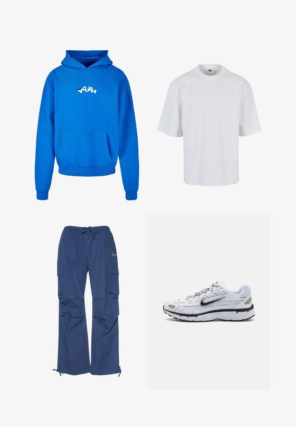 Sweatshirt à capuche bleu en coton, avec une poche avant et un logo graphique "YOUTH" en blanc et noir. Texture douce, coupe décontractée.; T-shirt blanc à manches courtes en coton. Il présente un col rond et une coupe ample, avec une texture lisse et sans motifs ni graphiques visibles.; Pantalon cargo bleu en coton, avec une taille à cordon, deux poches latérales et une coupe ample avec des poignets aux chevilles.; Baskets de course blanches avec une tige en mesh, bout arrondi, accents noirs et semelle à motif. Comprend des lacets et une marque sur le côté.