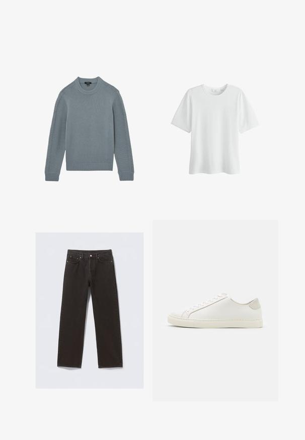 Lyseblå strikket langærmet sweater med ribbet rund halsudskæring, manchetter, kant og mønstret strikket detalje langs ærmerne.; Hvid, enkelt T-shirt med korte ærmer og rund hals, størrelse medium, vist på hvid baggrund.; Svarte denimjeans med straight-leg design, fem lommer og kobberfarvet syning. Glat tekstur, klassisk knaplukning i taljen.; Hvide lædersneakers med en glat overflade, rund tå og minimalistisk design. Funktioner i beige nuancer på hælen og en gummisål.