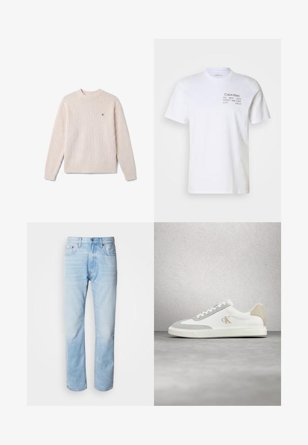 Flødefarvet ribstrikket sweater med lange ærmer og lille "cK"-logo på venstre bryst, rund halsudskæring og tætsiddende manchetter.; Hvid bomulds t-shirt med korte ærmer, rund hals og trykt tekst: "Calvin Klein 205 WEST 39TH STREET NEW YORK CITY 10018."; Lyseblå denimjeans med lige ben, har slidte sektioner, fem lomme-design og en klassisk knapåbning.; Hvid Calvin Klein-sneaker med beige ruskindsdetaljer og logo, svævende over en glat grå gulv med glasblokvæg i baggrunden.