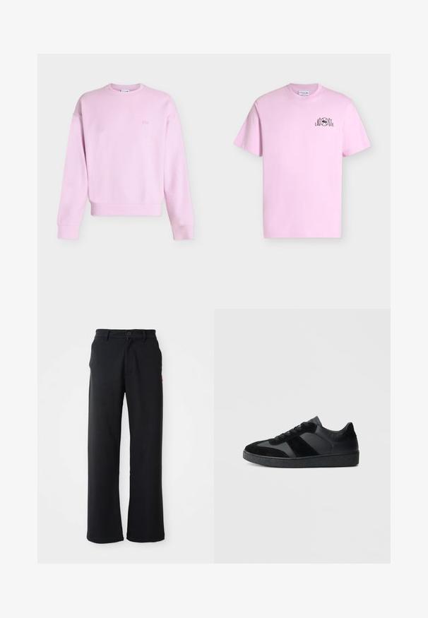 Lyserød langærmet crewneck-sweatshirt med ribstrikkede manchetter og kant, lille broderet logo på venstre bryst, ensfarvet tekstureret stof.; Lyserød T-shirt med rund hals og korte ærmer med lille sort Lacoste-logo på venstre bryst.; Sorte lige bukser med knap- og lynlåslukning, bæltestropper og sidelommer, vist mod en hvid baggrund.; Sorte sneakers med en kombination af glat læder og ruskind, med en tekstureret sort gummisål og subtil stripingdetalje.