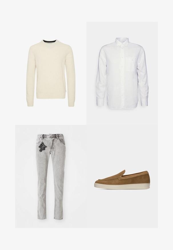 Crèmekleurige gebreide trui met lange mouwen, ronde halslijn en geribde boorden aan mouwen en zoom, getoond op een effen witte achtergrond.; Witte longsleeve shirt van katoen, met een button-down kraag, een voorzak en een regular fit. Textuurstof met een gladde oppervlakte.; Lichtgrijze rechte denim jeans met ritssluiting, vijf zakken en een decoratieve zwarte sleutelhangeraccent aan de voorkant.; Lichtbruine suède instapschoen met witte rubberen zool, minimale stiksels en een laag profiel ontwerp op een effen lichte achtergrond.