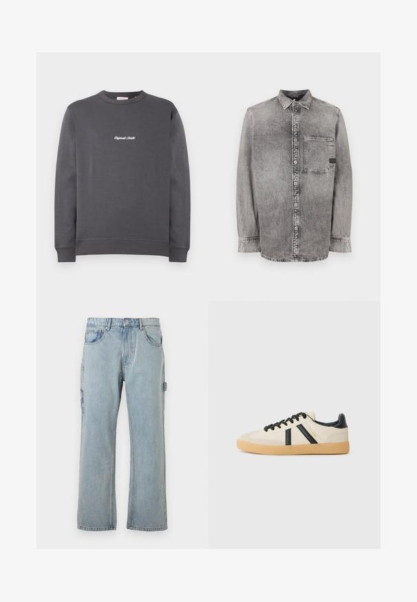 Sudadera gris con escote redondo y mangas largas. Presenta puños y dobladillo acanalados, con "Original Studio" bordado en blanco.; Camisa de mezclilla gris, de botones, de manga larga, con tejido de peso medio, un bolsillo en el pecho, acabado desgastado con botones en contraste, cuello clásico.; Pantalones cargo de mezclilla azul claro con un corte relajado, que cuentan con bolsillos laterales, un diseño de pierna recta y detalles de costura visibles.; Zapatillas casuales en crema con rayas negras, con parte superior texturizada y suela de goma. Los cordones son negros. Logo sutil en el costado.