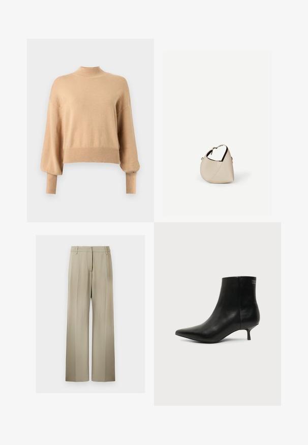Pull en maille beige avec un col montant haut, des épaules tombantes et des poignets côtelés. Sa coupe décontractée présente une longueur courte et une texture douce.; Pantalons à jambes larges en tissu beige doux, avec un devant plat, des passants de ceinture et une texture lisse. Taille standard sans motifs visibles.; Bottine en cuir noir avec bout pointu et petit talon kitten sur fond clair, vue côté extérieur.; Sac à main en cuir beige en forme de croissant avec une seule bandoulière et des coutures minimalistes, posé sur un fond blanc uni.