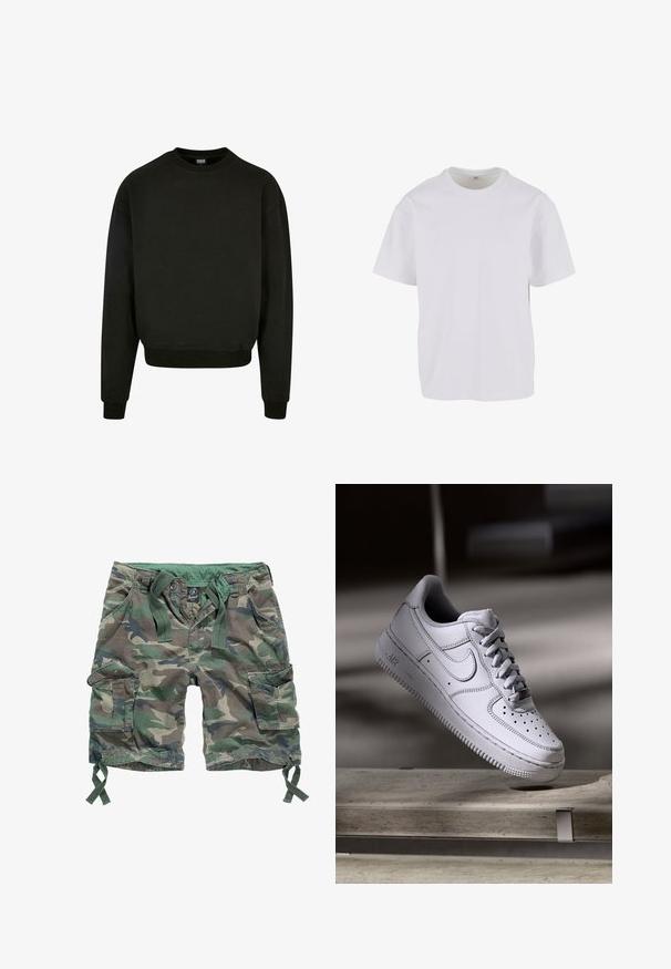 Sweatshirt noir à col rond en tissu mélangé coton, avec des manches longues et des poignets et un ourlet côtelés. Design simple et uni.; T-shirt blanc uni à manches courtes et col rond, présenté sur un fond blanc, taille M visible sur l'étiquette intérieure.; Shorts cargo à motif camouflage, dotés de plusieurs poches, d'une taille élastique avec cordons de serrage et d'un matériau en coton.; La basket Nike Air Force 1 en cuir blanc présente un embout perforé, des lacets plats et une semelle en caoutchouc texturée avec le logo « AIR » sur le côté.