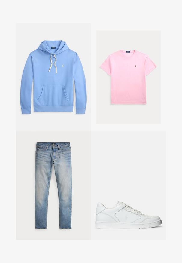 Lyseblå hættetrøje med frontlomme, snøre i hætten og broderet logo i gul. Fremstillet af blødt bomuldsmateriale.; Lyserød bomulds-T-shirt med rund hals og korte ærmer. Har en lille broderet logo på brystet. Blød, glat tekstur.; Lys blå denimjeans med en falmet finish, fem-lomme design og kontraststing. Har lynlås og bæltesløjfer. Lige pasform.; Hvide lædersneakers med en glat tekstur, der har en perforeret tå, snørebåndslukning og broderet logo på siden. Hvid gummisål.