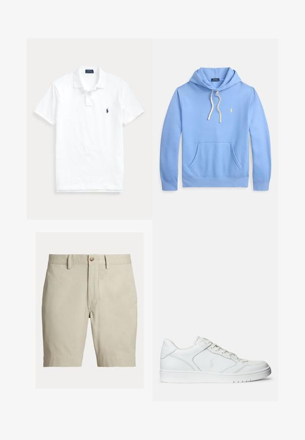 Sweat à capuche bleu clair avec une poche kangourou à l'avant, une capuche à cordon et un logo brodé en jaune. Confectionné en coton doux.; Polo blanc à manches courtes avec col, patte de boutonnage à deux boutons et petit logo bleu marine sur le côté gauche de la poitrine.; Short beige longueur genou avec passants pour ceinture, fermeture par bouton et braguette zippée, présenté sur fond blanc.; Baskets en cuir blanc avec une texture lisse, présentant un bout perforé, un système de laçage et un logo brodé sur le côté. Semelle en caoutchouc blanc.