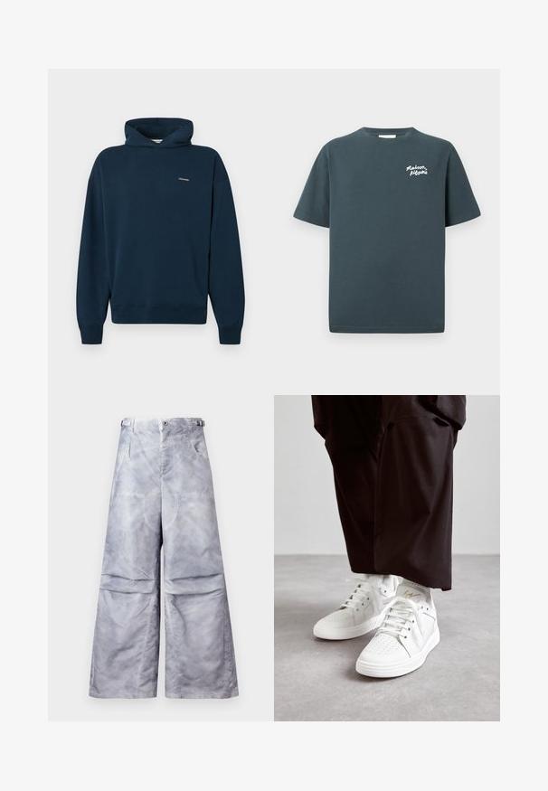Sudadera con capucha azul marino confeccionada en suave algodón, de corte holgado, con capucha ajustable mediante cordón y puños acanalados. Pequeño logo en el pecho.; Camiseta de algodón gris oscuro para hombre, con mangas cortas, cuello redondo y el logotipo blanco "Maison Kitsuné" impreso en el lado izquierdo del pecho.; Pantalones de pierna ancha gris claro con bolsillos delanteros, trabillas para cinturón y tiras ajustables a los lados, mostrados sobre un fondo liso.; Zapatillas altas blancas de cuero suave con detalle de puntera perforada, agujetas planas blancas y un sutil acento dorado en el talón.