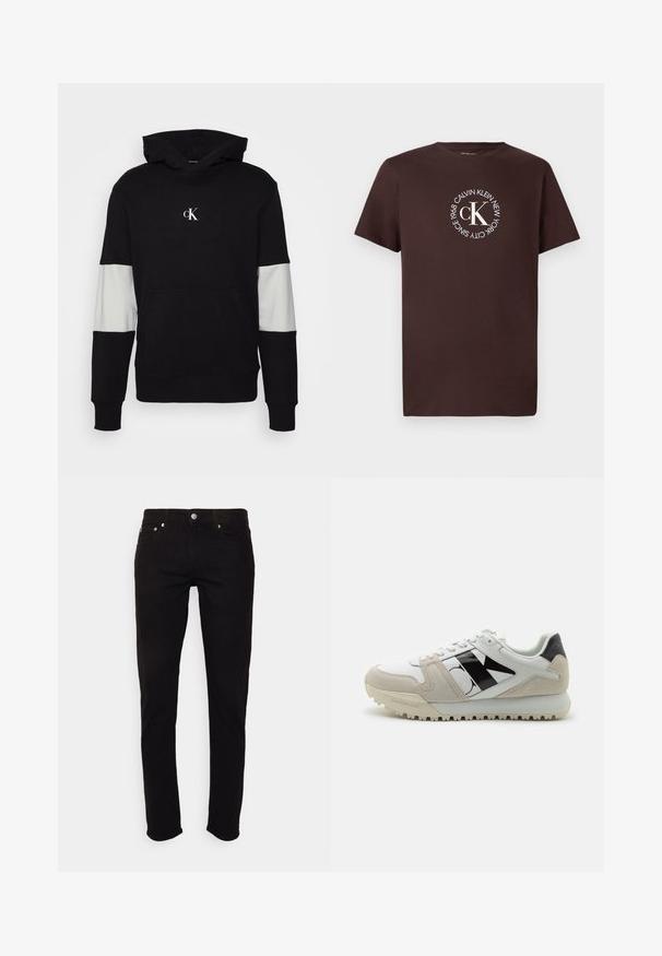 Sudadera negra con bolsillo frontal, acentos en panel gris en las mangas y un pequeño logotipo blanco en el pecho. Textura de tela suave.; Camiseta de algodón marrón con mangas cortas, que muestra un logotipo circular blanco con "CALVIN KLEIN NEW YORK SINCE 1968" y "cK" en el centro.; Vaqueros negros de corte ajustado con cierre de botón y cremallera, bolsillos delanteros y traseros, mostrados sobre fondo blanco.; Zapatilla blanca con acentos en negro y beige, hecha de cuero y ante. Presenta una suela gruesa y un gran logotipo en el lateral.