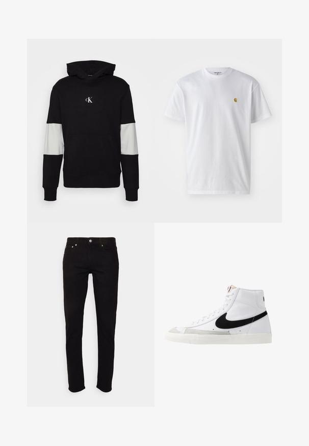Sort hættetrøje med en frontlomme, grå panelakcenter på ærmerne og et lille hvidt logo på brystet. Blød stofstruktur.; Hvid bomulds t-shirt med korte ærmer, rund hals og et lille guld logo på venstre brystområde. Blød tekstur og almindelig pasform.; Sorte slim-fit jeans med knap- og lynlås, for- og baglommer, vist på hvid baggrund.; Hvide høje sneakers med et sort swoosh, struktureret grå tåhætte og flad hvid sål. Har seks snørrehuller og syede detaljer.