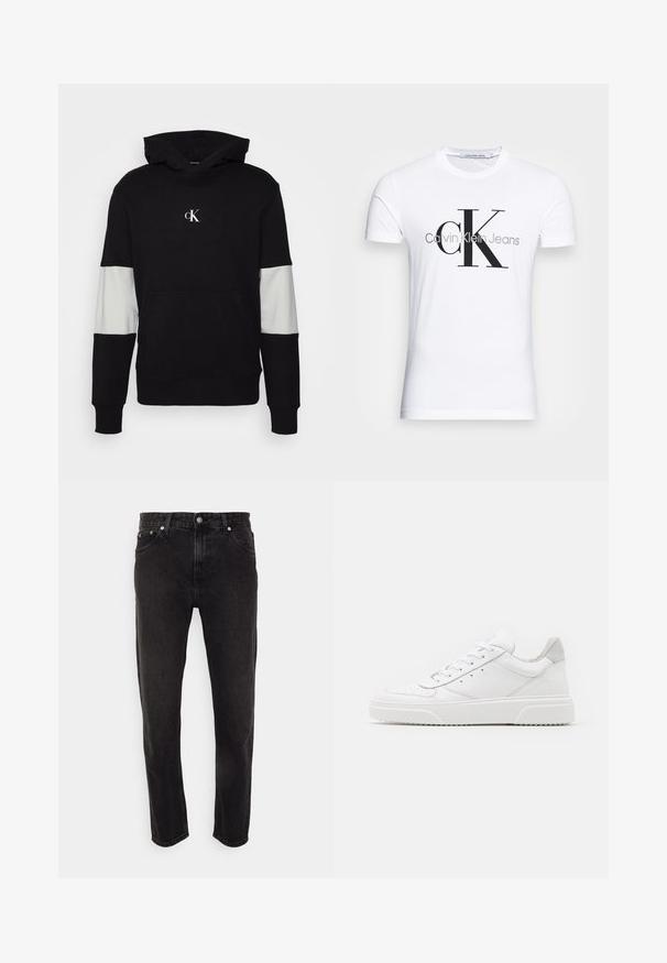 Schwarzer Hoodie mit einer Fronttasche, grauenPaneconsistenten Akzenten an den Ärmeln und einem kleinen weißen Logo auf der Brust. Weicher Stoff.; Weißes kurzärmeliges T-Shirt mit großem schwarzem "cK" und grauem "Calvin Klein Jeans" Textlogo auf der Vorderseite.; Schwarze Denim-Jeans mit geradem Bein, mittlerer Bundhöhe, Gürtelschlaufen und Fünf-Taschen-Stil. Weicher Stoff mit minimalem Ausbleichen.; Weiße Leder-Sneaker mit glatter Oberfläche, rundem Zehenbereich, flachen Schnürsenkeln und strukturiertem Schuhsohlen. Graues Wildleder-Detail an der Ferse.