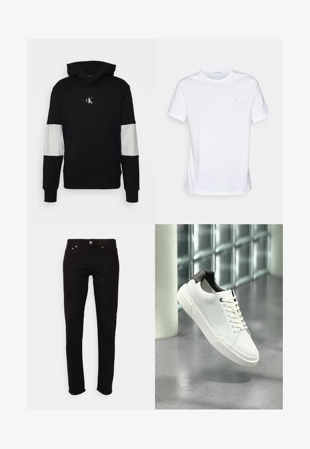 Sudadera negra con bolsillo frontal, acentos en panel gris en las mangas y un pequeño logotipo blanco en el pecho. Textura de tela suave.; Camiseta blanca de algodón con mangas cortas, cuello redondo y una pequeña etiqueta de marca en el pecho. Textura suave y diseño minimalista.; Vaqueros negros de corte ajustado con cierre de botón y cremallera, bolsillos delanteros y traseros, mostrados sobre fondo blanco.; Zapatilla blanca de perfil bajo con lengüeta del talón texturizada en negro, cordones blancos y suela gruesa sobre un suelo de cemento pulido cerca de bloques de vidrio.