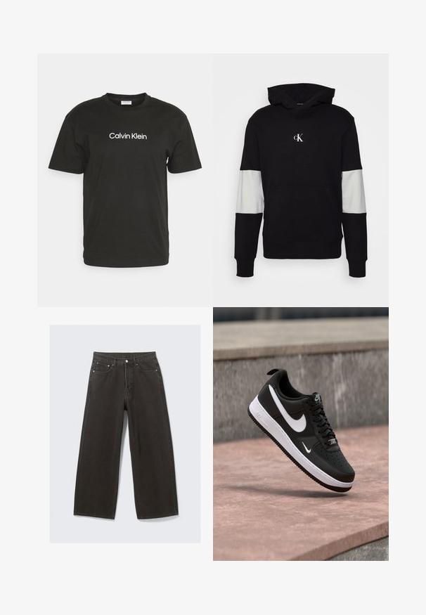 Zwarte hoodie met een voorzak, grijze paneelaccenten op de mouwen en een klein wit logo op de borst. Zachte stofstructuur.; Zwarte katoenen t-shirt met een ronde halslijn en korte mouwen, met het logo "Calvin Klein" in het wit gedrukt op de voorkant.; Wijdbenige zwarte denim jeans hebben een hoge taille, vijf zakken en een knoopsluiting. De stof heeft een zachte, gestructureerde afwerking.; Zwart-witte Nike Air Force 1 sneaker zwevend boven een roze betonnen oppervlak met een achtergrond van grijze stenen.