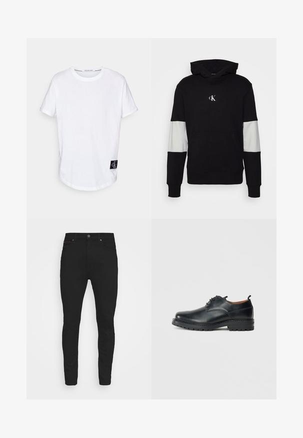 Zwarte hoodie met een voorzak, grijze paneelaccenten op de mouwen en een klein wit logo op de borst. Zachte stofstructuur.; Witte katoenen T-shirt met opgerolde korte mouwen, ronde zoom en een zwart merketiket met "CK" aan de onderkant links.; Zwarte slim-fit jeans van denim, met een klassiek vijf-pocket ontwerp, een knoopsluiting en subtiele rode stiksels.; Zwarte leren derby schoenen met een gladde textuur, ronde neus, vetersluiting en een dikke, robuuste rubberen zool.