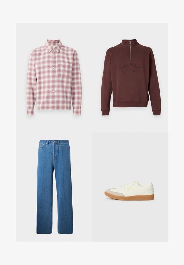 Bordeaux sweatshirt med høj krave og halvlukning, med præget "ORIGINALS Studio" tekst på forsiden og ribbede ærmer.; Langærmet plaid skjorte i pink og hvid. Fremstillet af et blødt stof med knap-ned krave, enkelt brystlomme og knaplukninger.; Lysblå denimjeans med lige ben. Har fem lommer, knaplukning og minimale syninger.; Sneaker lavet af hvid læder med en beige tåhætte og let brunt gummisål. Har flade hvide snørebånd og prægede branding på siden.