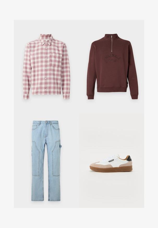 Bordeaux sweatshirt med høj krave og halvlukning, med præget "ORIGINALS Studio" tekst på forsiden og ribbede ærmer.; Langærmet plaid skjorte i pink og hvid. Fremstillet af et blødt stof med knap-ned krave, enkelt brystlomme og knaplukninger.; Lysblå denim cargo bukser med lige ben, der har store sidelommer, kontrastfarvet syninger og knaplukning i taljen.; Hvide og beige ruskinds sneakers med en brun gummi sål, flade snørebånd og en sort hæl-accent. Har logo detaljer på siden.
