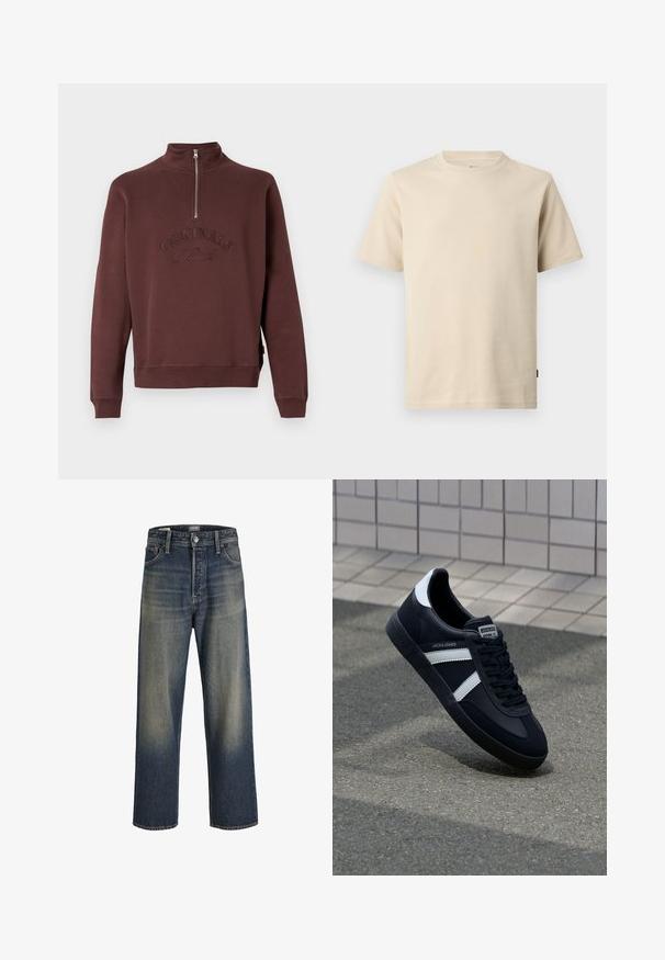 Bordeaux sweatshirt med høj krave og halvlukning, med præget "ORIGINALS Studio" tekst på forsiden og ribbede ærmer.; Beige kortærmet bomulds-T-shirt med rund halsudskæring, minimal syning og en lille tonet logo på venstre bryst.; Bredde ben jeans i mørkeblå denim med en gradient finish, der har en knaplukning, fem lomme-design og strukturerede syninger.; Sort lædersneaker med hvide striber, tekstureret gummisål og snørrebånd foran. Har et brandet mærke på tungen.