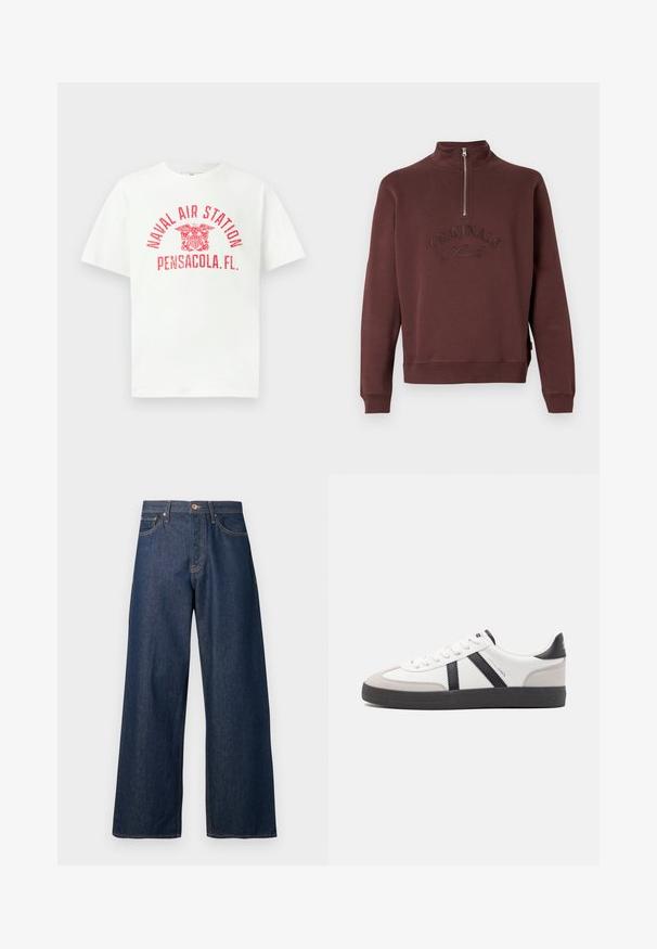 Bordeaux sweatshirt med høj krave og halvlukning, med præget "ORIGINALS Studio" tekst på forsiden og ribbede ærmer.; Hvid T-shirt med korte ærmer med rød tekst "NAVAL AIR STATION PENSACOLA, FL." og et ørneemblem i midten foran.; Vidbenede jeans lavet af mørkt denim med orange syninger, som har fem lommer, en knaplukning foran og en lige silhuet.; Hvide sneakers med sorte og grå detaljer, med en tekstureret grå tåhætte, sort gummisål og flade hvide snørebånd. Rent design, minimalistisk stil.