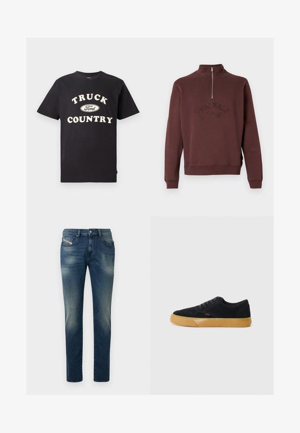 Bordeaux sweatshirt med høj krave og halvlukning, med præget "ORIGINALS Studio" tekst på forsiden og ribbede ærmer.; Sort bomulds t-shirt med korte ærmer, der har teksten "TRUCK COUNTRY" i cremefarvet og et Ford-logo designet centralt foran.; Mørkeblå denimjeans med en falmet vask, lige ben og et let slid på knæet. Har forlommer og lukning med metalknap.; Sorte ruskinds sneakers med en gummirørsål, flade snørebånd og sidesøm detaljer, udstyret med et lille rødt logo klistermærke på siden.
