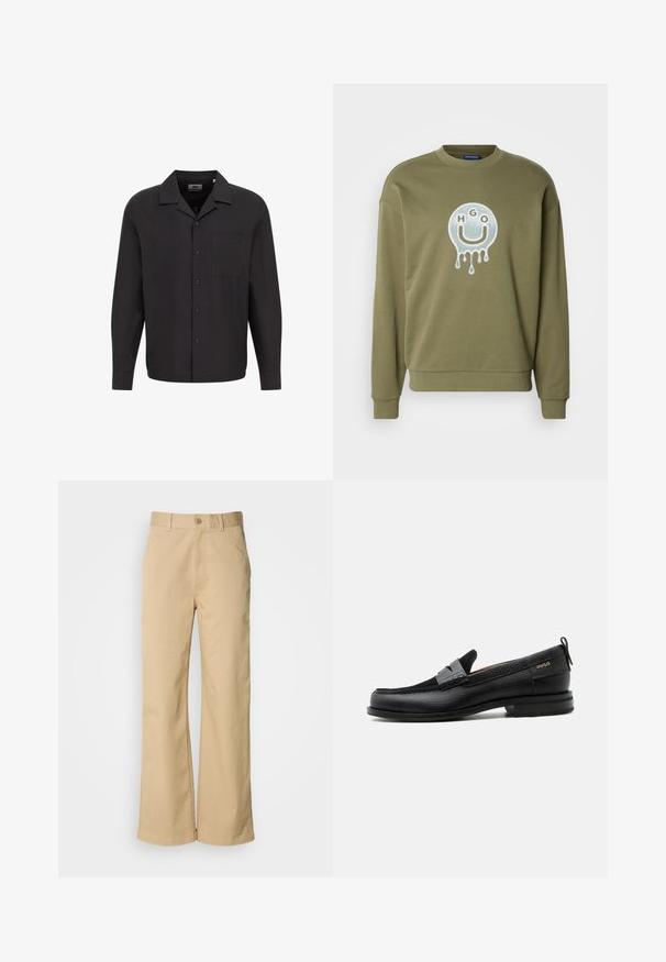 Oliven grøn sweatshirt med rund hals og drop skuldre. Har et glossy, dryppende smiley ansigt grafik i midten.; Sort langærmet skjorte med knaplukning foran, flad krave, enkelt brystlomme og glat tekstur. Designet er enkelt og klassisk.; Beige, vidde bukser lavet af en bomuldsblanding. Har en knaplukning og bæltestropper. Glat tekstur med minimale syninger.; Sort læderloafer med grå remdetalje, lav hæl og tekstureret sål, mærket med "HUGO" i guld på siden.