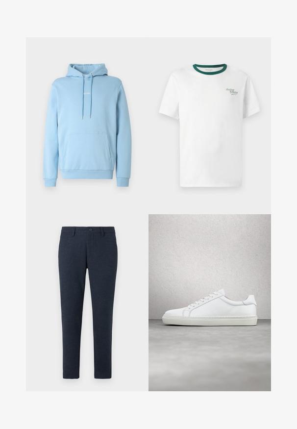 Lyseblå hættetrøje i blød bomuld med forlomme og snøre i hætten. Minimalistisk design med logodetalje på brystet.; Hvid bomulds t-shirt med en rund grøn krave, prydet med et lille "Cowboy Country" logo i grøn broderi på venstre bryst.; Mørkeblå slim-fit bukser med bælteløkker, frontknap og forlommer, præsenteret på en hvid baggrund.; Hvide sneakers med en glat læderoverdel og lav profil. Har en rund tå, seks snørehuller og en tekstureret gummisål.