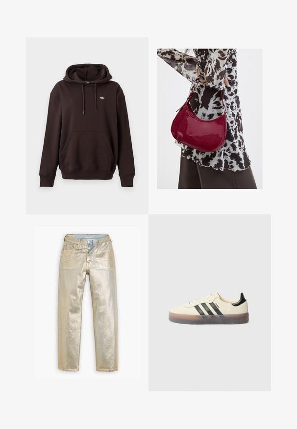Sweat à capuche marron foncé avec poche avant et petit logo Adidas blanc sur la poitrine gauche sur un fond clair uni.; Jeans métalliques dorés au design droit, cinq poches, quincaillerie en cuivre et finition texturée. Présente une taille en denim bleu.; Baskets beiges avec trois bandes noires, bout rond, semelle en caoutchouc texturée et dessus lisse. Caractérisées par un talon rembourré et un marquage minimal.; Femme portant un chemisier à motif noir et blanc tenant un sac à main rouge brillant sur un fond uni.