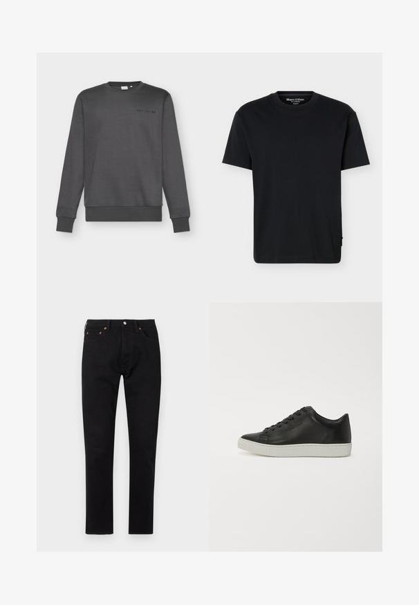 Sweatshirt gris foncé en tissu doux, avec un col rond, des manches longues, des poignets côtelés et un petit logo sur la poitrine.; T-shirt noir à manches courtes avec col rond, coupe décontractée et marquage Marc O’Polo à l'intérieur du col sur un fond uni.; Jeans en denim noir à coupe droite, avec des rivets en cuivre, une fermeture à bouton sur le devant et un design classique à cinq poches.; Baskets en cuir noir avec un bout rond, semelle plate en caoutchouc blanc et lacets à six œillets. Texture lisse, style minimaliste.