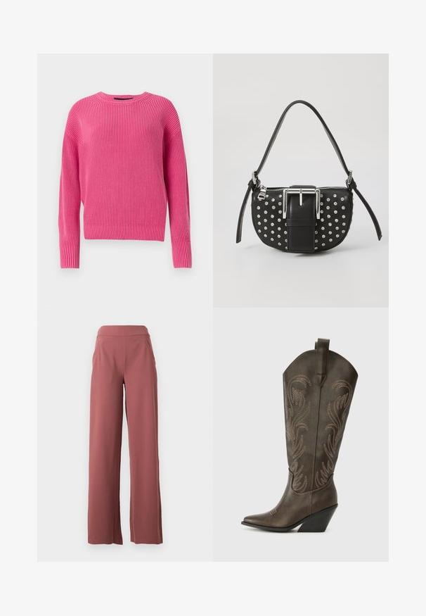 Lyserød, strikket sweater med rund halsudskæring, lange ærmer og ribbet struktur. Designet har en let cropped skæring.; Breddebenede bukser i en støvet rosenfarve, lavet af blødt stof, med en høj talje og to sidelommer. Glat tekstur med rene linjer.; Brune læder cowboystøvle med spids tå, kilehæl og dekorativ broderi. Har en høj stok og en trækflap.; Sort læderhåndtaske med en buet form, prydet med sølvnitter og en fremtrædende sølvspænde på forsiden. Justerbar rem medfølger.