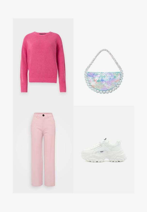 Roze, gebreide trui met een ronde halslijn, lange mouwen en ribbelstructuur. Het ontwerp heeft een licht cropped snit.; Lichtroze wijde broek met een gladde textuur, voorzien van een zwarte knoop en een klassiek ontwerp van de tailleband. Geen extra zakken zichtbaar.; Witte chunky sneakers met een soepel leren bovenwerk, ronde neus en een dikke, gestructureerde zool met een zichtbaar merklogo aan de zijkant.; Halvemaan handtas met iriserende pailletten in pastelkleuren, versierd met een rij heldere kristalaccenten langs de bovenrand.