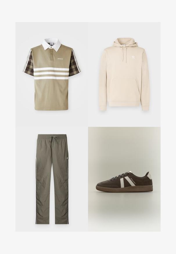 Beige hoodie van zachte stof met een kangoeroezak, capuchon met trekkoord en een wit Adidas-logo op de borst. Lange mouwen met geribbelde boorden.; Polo shirt in olijfgroen met witte strepen en een geruit patroon op de korte mouwen. Heeft een witte kraag en een logo op de borst.; Lichtgewicht trainingsbroek in olijfgroen met elastische tailleband, trekkoord, witte strepen aan de zijkant en een klein vlinderlogo op de rechterdij.; Bruine suède sneaker met witte strepen, witte hielpatch, gumzool en de tekst "JACK & JONES" aan de zijkant, in profiel weergegeven op een effen achtergrond.
