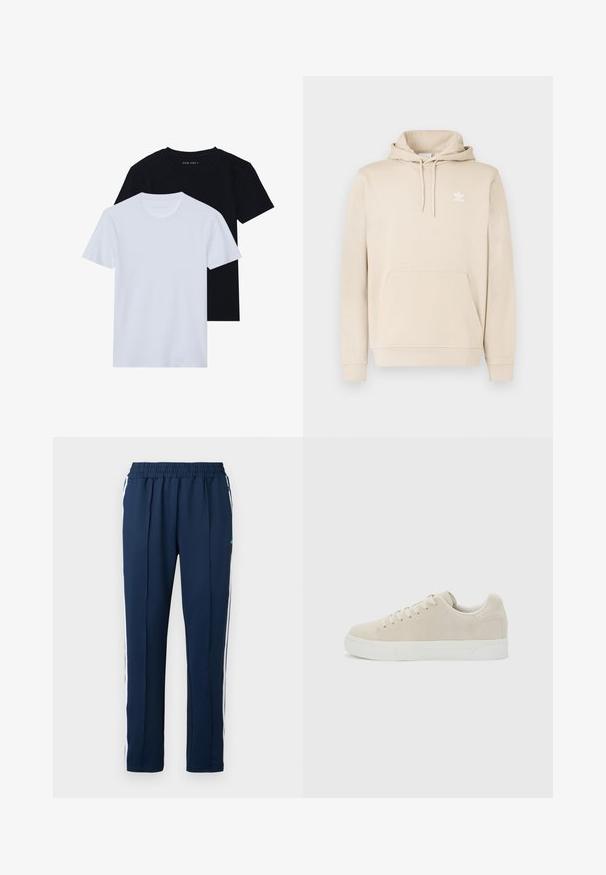 Béžová mikina s kapucňou z mäkkého materiálu s kangaroo vreckom, kapucňou so šnúrkami a bielym logom Adidas na hrudi. Dlhé rukávy s rebrovanými manžetami.; Dve krátke rukávy tričká s okrúhlym výstrihom, jedno čierne a jedno biele, vyrobené z jemnej bavlny s rebrovanou textúrou. Klasický strih.; Námornícke športové nohavice s elastickým pásom, bielymi bočnými pruhmi a hladkou textúrou. Obsahujú malé modré logo v blízkosti pásu.; Béžová nízka teniska so šnurovaním vpredu a hrubou bielou gumenou podrážkou na jednoduchom svetlosivom pozadí.