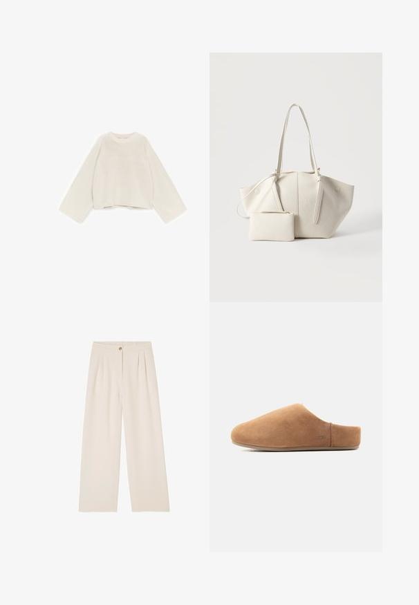 Pull en tricot écru avec de larges manches longues, col rond côtelé et ourlet côtelé, posé à plat sur un fond blanc.; Pantalons beige à jambes larges avec une texture douce, présentant une fermeture à bouton à l'avant, des plis à la taille et une ceinture arrière élastiquée.; Chausson en suède beige à enfiler, avec bout fermé, talon ouvert, semelle plate et petit logo UGG sur le côté, montré de profil.; Sac cabas en cuir texturé couleur crème avec deux longues poignées et une petite pochette zippée assortie à l'avant, sur un fond uni.
