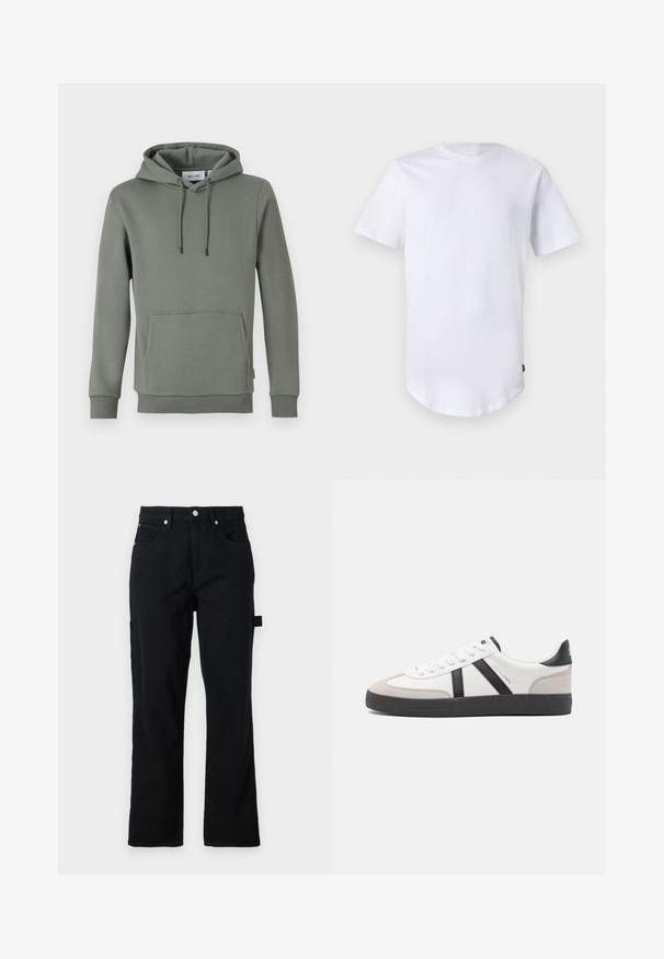 Hætte sweatshirt i dæmpet grøn, lavet af blødt stof. Har en kengurupose, ribbede manchetter og snor til justering af hætten.; Hvid kortærmet t-shirt lavet af bomuld. Rund halsudskæring med en buet kant. Etiket synlig på nederste venstre side. Glat tekstur.; Sorte denimbukser med lige ben, frontlommer og baglomme med flap. Har sølvhardware og sideløkker for funktionalitet.; Hvide sneakers med sorte og grå detaljer, med en tekstureret grå tåhætte, sort gummisål og flade hvide snørebånd. Rent design, minimalistisk stil.