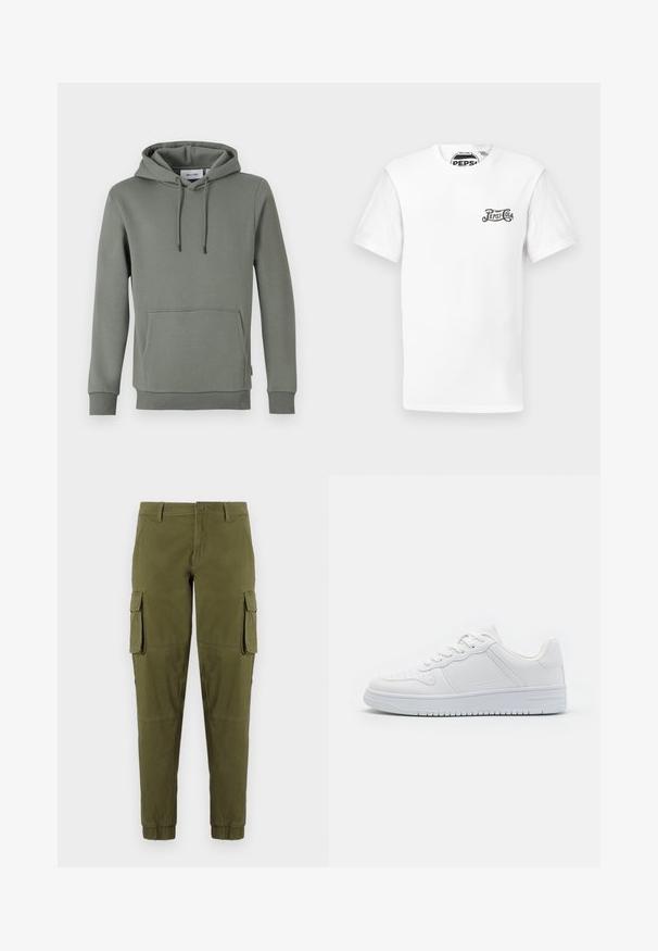 Hætte sweatshirt i dæmpet grøn, lavet af blødt stof. Har en kengurupose, ribbede manchetter og snor til justering af hætten.; Hvid kortærmet T-shirt med rund halsudskæring og lille sort "Pepsi-Cola" logo på venstre bryst samt mærketag i nakken.; Olivengrønne cargo-bukser med elastiske manchetter, der har to sidelommer, en frontlukning med knap og et glat, let materiale.; Hvide sneakers lavet af glat syntetisk materiale, med flade snørebånd, perforeret tå og en gummisål med et tekstureret grebmønster.