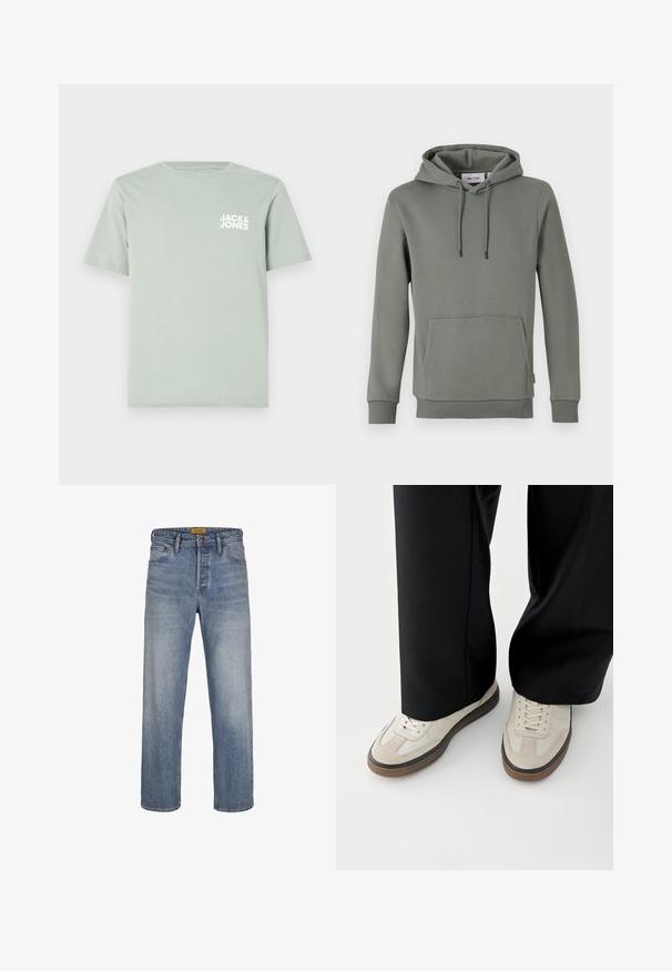 Hoodie in een gedempt groen, gemaakt van zachte stof. Beschikt over een kangoeroezak, geribde boorden en een trekkoord voor het verstellen van de capuchon.; Lichtgroene katoenen T-shirt met een ronde halslijn en korte mouwen. Voorzien van een wit logo "JACK & JONES" dat op de linkerborst is gedrukt.; Lichtblauwe rechte jeans gemaakt van denim, met een vervaagde wassing, vijf zakken, riemlussen en een rits met knoopsluiting.; Voeten met beige sneakers met bruine zolen en zwarte wijde broekspijpen op een witte achtergrond.