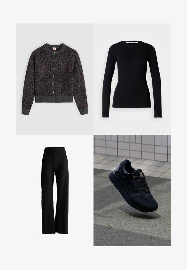 Mørkegrå cardigan med leopardprint i sort og rust. Den har en rund halsudskæring og knapper foran samt ribbet manchetter og kant.; Sort langærmet top lavet af ribbet stof. Har en rund halsudskæring og tætsiddende pasform. Ingen mønstre eller pyntegenstande. Simpelt design.; Sorte viddebenede bukser med høj talje, uden synlige lommer eller pynt, præsenteret på en hvid baggrund.; Sort sneakers med mesh-overdel, glinsende detaljer, guldfarvet hardware, tekstureret sål og polstret krave for komfort.