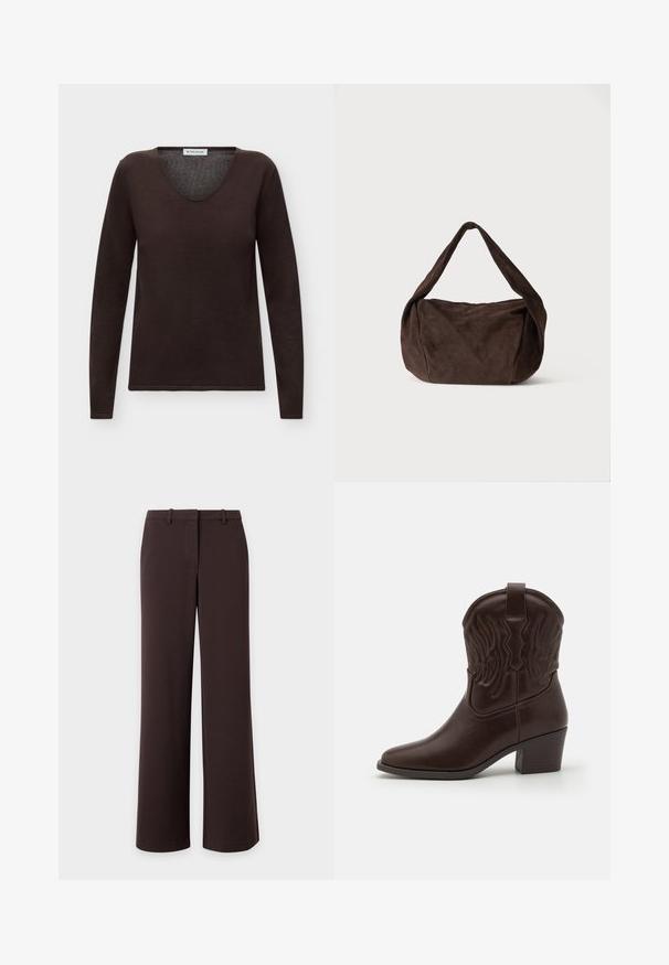 Dunkelbrauner Langarmpullover mit V-Ausschnitt, schlichtem Design und kleinem Markenlabel innen im Ausschnitt.; Dunkelbraune Hose mit weitem Bein, Gürtelschlaufen und verdecktem vorderem Verschluss, flach auf weißem Hintergrund dargestellt.; Braune Leder-Cowboy-Stiefel mit spitzen Zehen, geprägten Flügelmotiven, einem mittelhohen Blockabsatz und einer Zuglasche auf der Rückseite.; Weiche dunkelbraune Wildleder-Schultertasche mit breitem Riemen und lässiger, abgerundeter rechteckiger Form auf einem einfarbigen hellen Hintergrund.