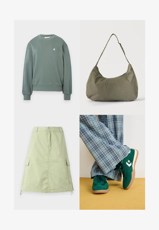 Sudadera verde de cuello redondo con mangas largas, puños y dobladillo acanalados, con un pequeño logo blanco en el lado izquierdo del pecho.; Falda de algodón verde claro, hasta la rodilla, con dos bolsillos laterales tipo cargador, cierre de botón y un corte recto relajado. Textura lisa.; Zapatillas de ante verdes con acentos blancos y un logo de estrella, combinadas con pantalones de cuadros azules de pierna ancha, sobre un suelo amarillo.; Bolso de hombro de tela suave color verde oliva con cierre de cremallera y correa ajustable sobre un fondo liso y claro.